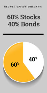 Pie chart showing breakout of 60% stocks and 40% bonds within the growth investment option.
